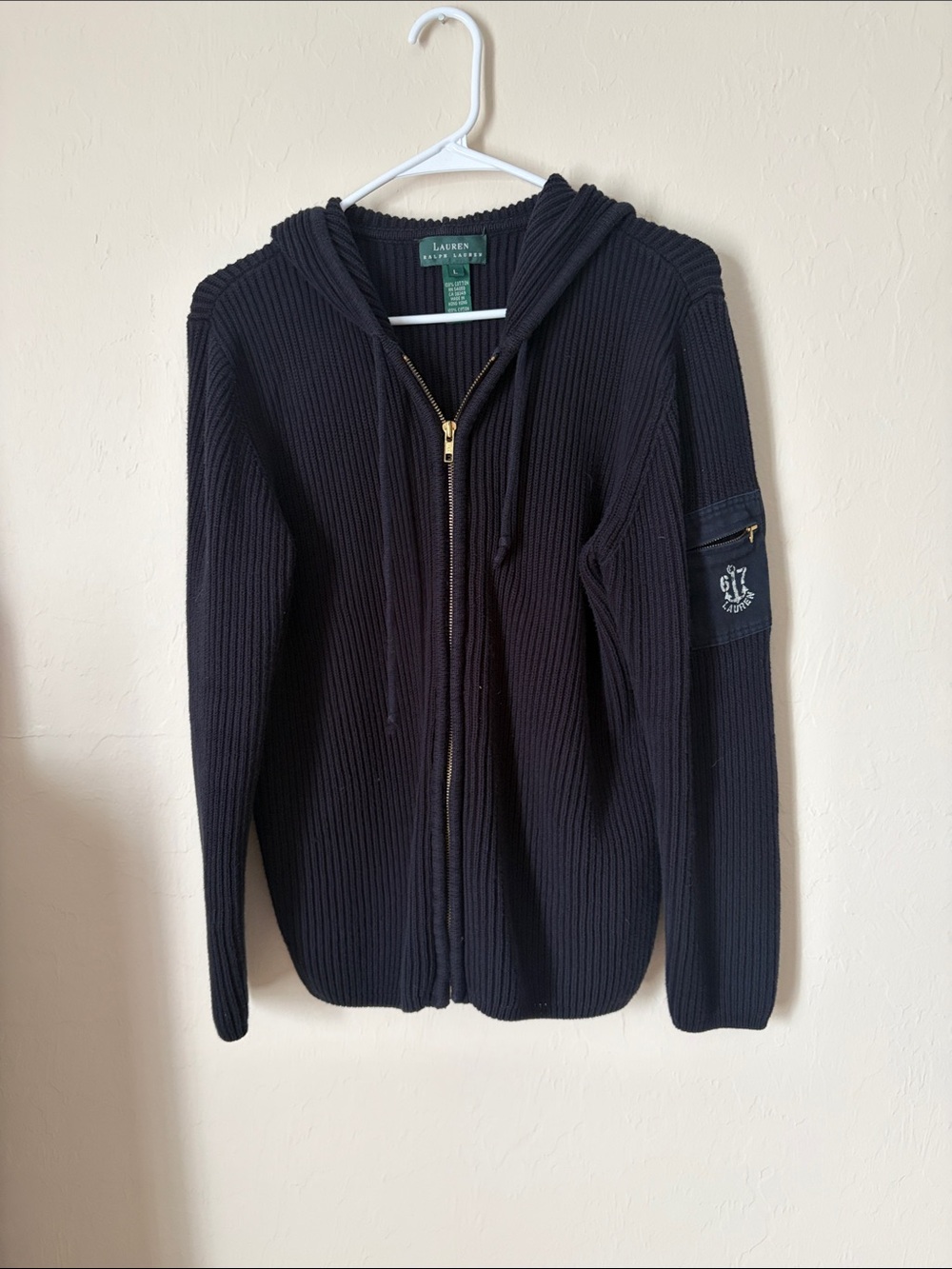 Vintage Lauren Ralph Lauren Navy Ribbed Zip-Up Hoodie Sweater